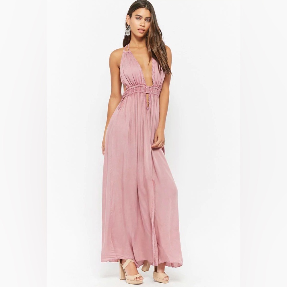 Sleeveless Plunging Pink Maxi Dress